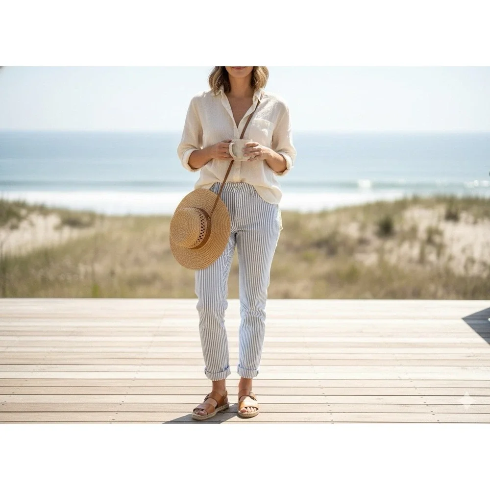 JAG‎ Carter Girlfriend Jeans 10/26 Blue White Stripe Railway Coastal Preppy EUC - Picture 2 of 6